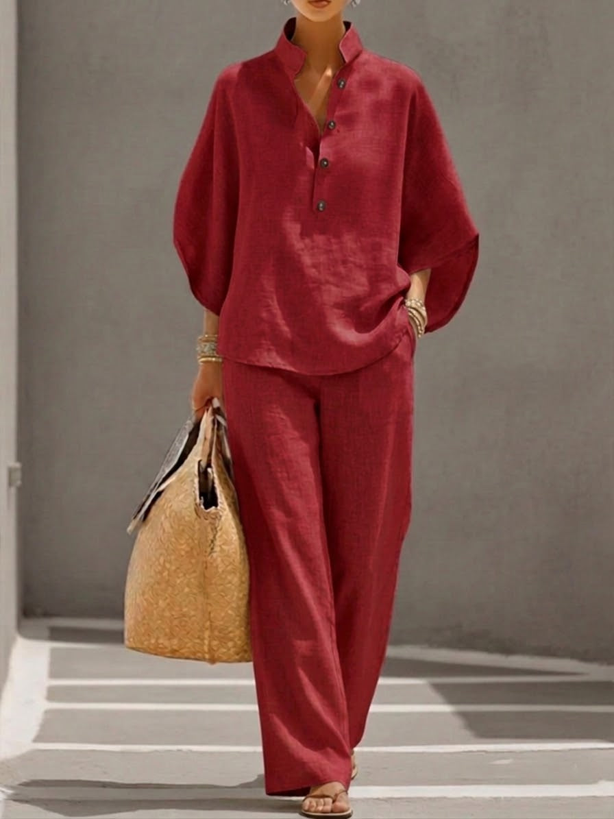 Irene | Conjunto de Algodón Lino con Mangas Murciélago y Pantalón Ancho