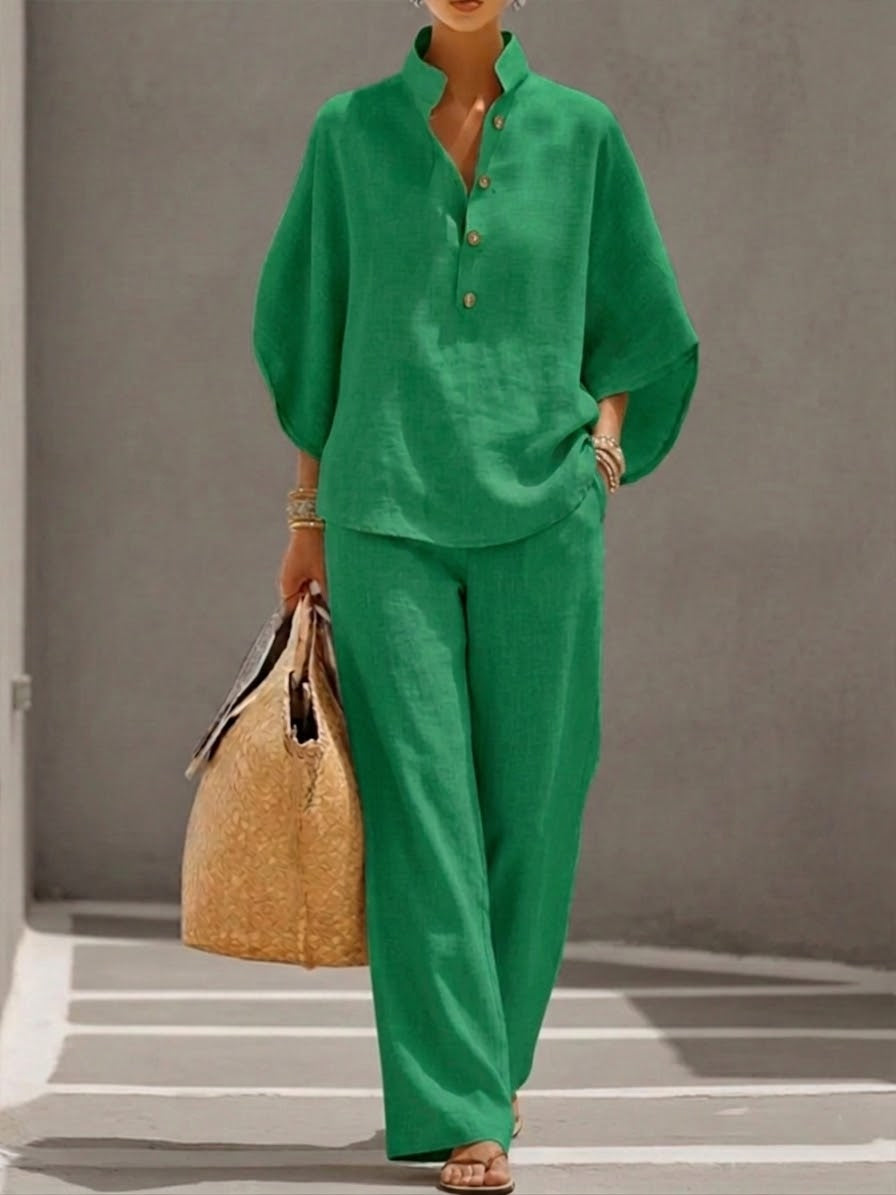 Irene | Conjunto de Algodón Lino con Mangas Murciélago y Pantalón Ancho