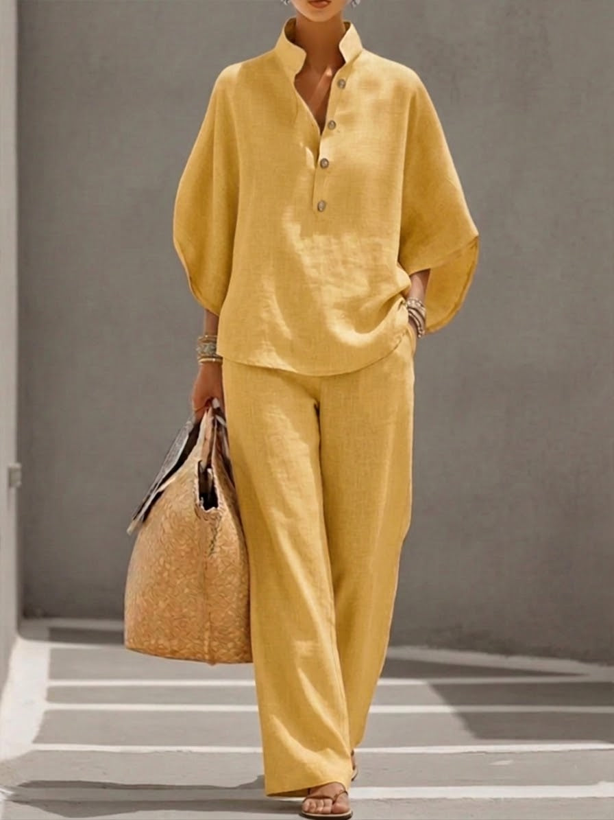 Irene | Conjunto de Algodón Lino con Mangas Murciélago y Pantalón Ancho